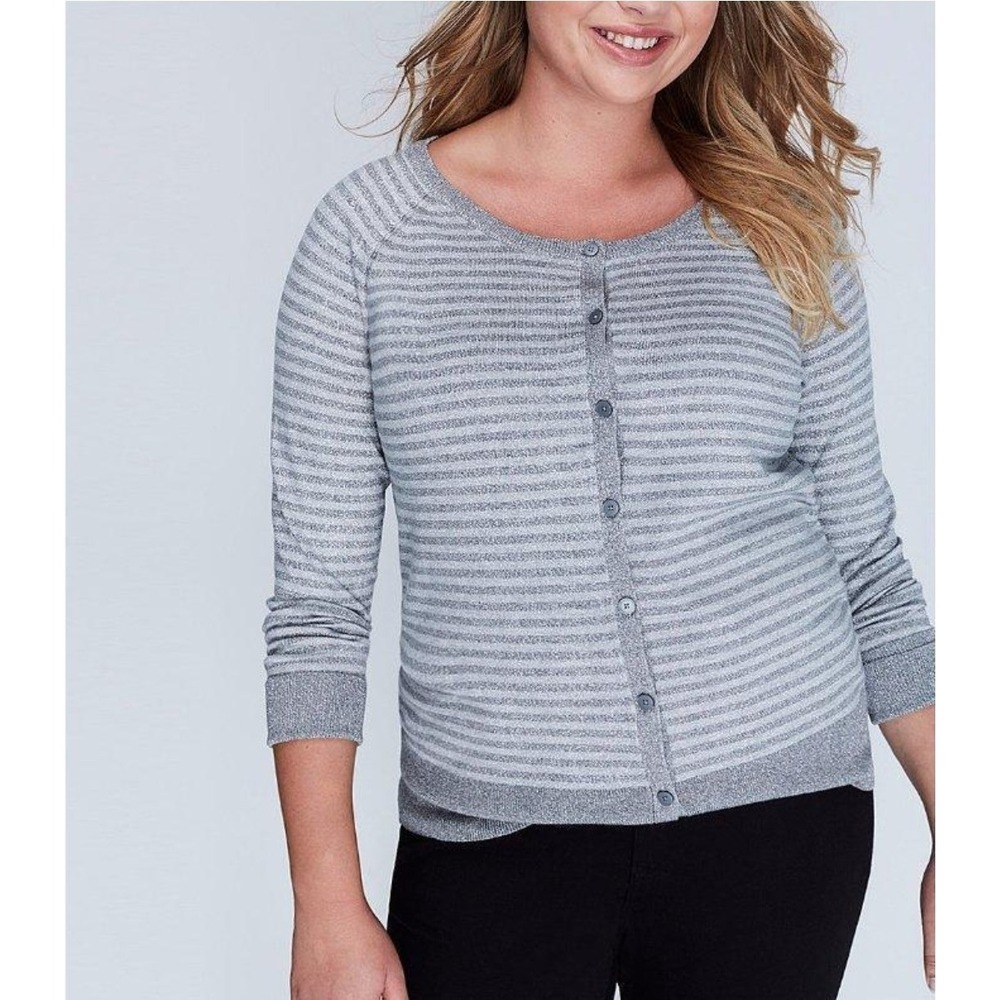 NWT Lane Bryant 18/20 Metallic Silver Striped Cardigan Sweater Shimmer Sparkle